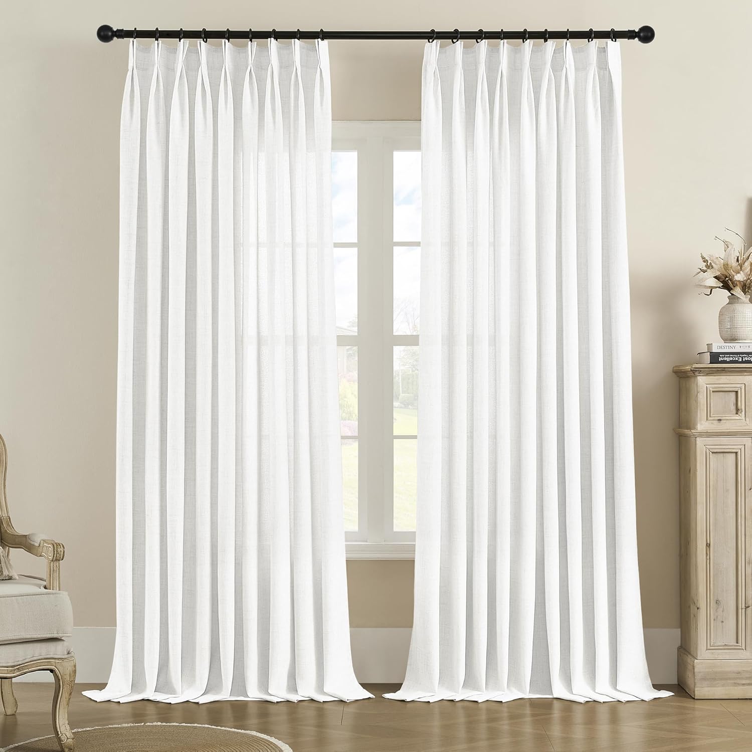 Faux Linen Pinch Pleated Curtain 72W x 96L Inches, Extra Wide Light Filtering Semi Sheer Curtains for Living Room Patio Door, Pinch Pleat Window Drapes with Hooks (1 Panel, White) White 72x96