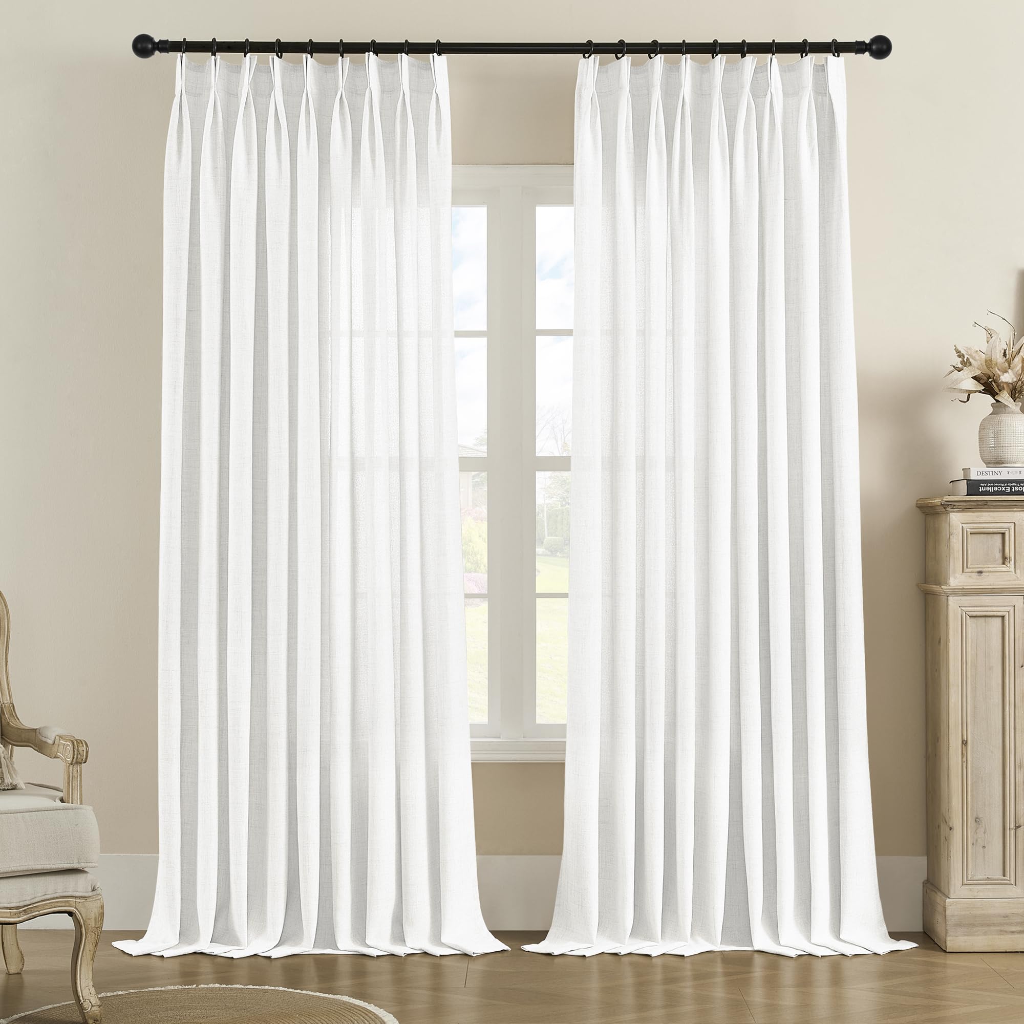 Extra Long Pinch Pleated Sheer Curtains for Living Room 52 x 120 Inches 2 Story Light Filtering Pleat Drapes for Sliding Patio Door High Ceiling Pleat Curtain with Hooks (1 Panel, White)