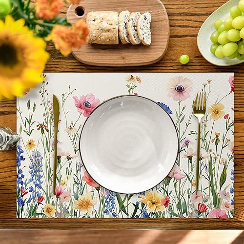Miniatura 9 de AOFOTO Juego de 4 manteles individuales con estampado de flores silvestres coloridas, manteles individuales artísticos rectangulares modernos para