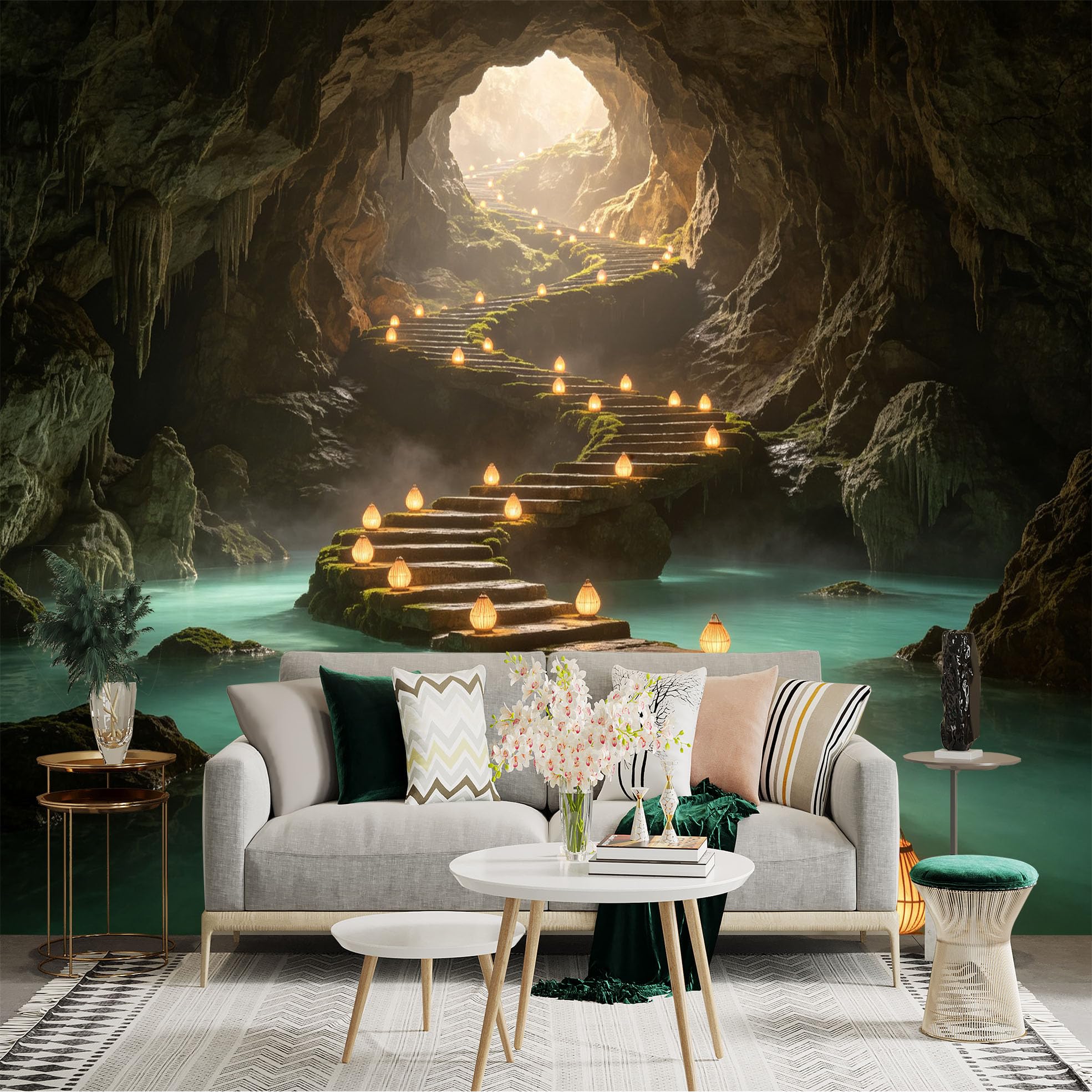 Custom Size Wall Sticker Mural， Mysterious Cave Stairway with Glowing Lanterns， Ethereal Underground River Landscape， for wall Decoration， peelandstick wall Decals.