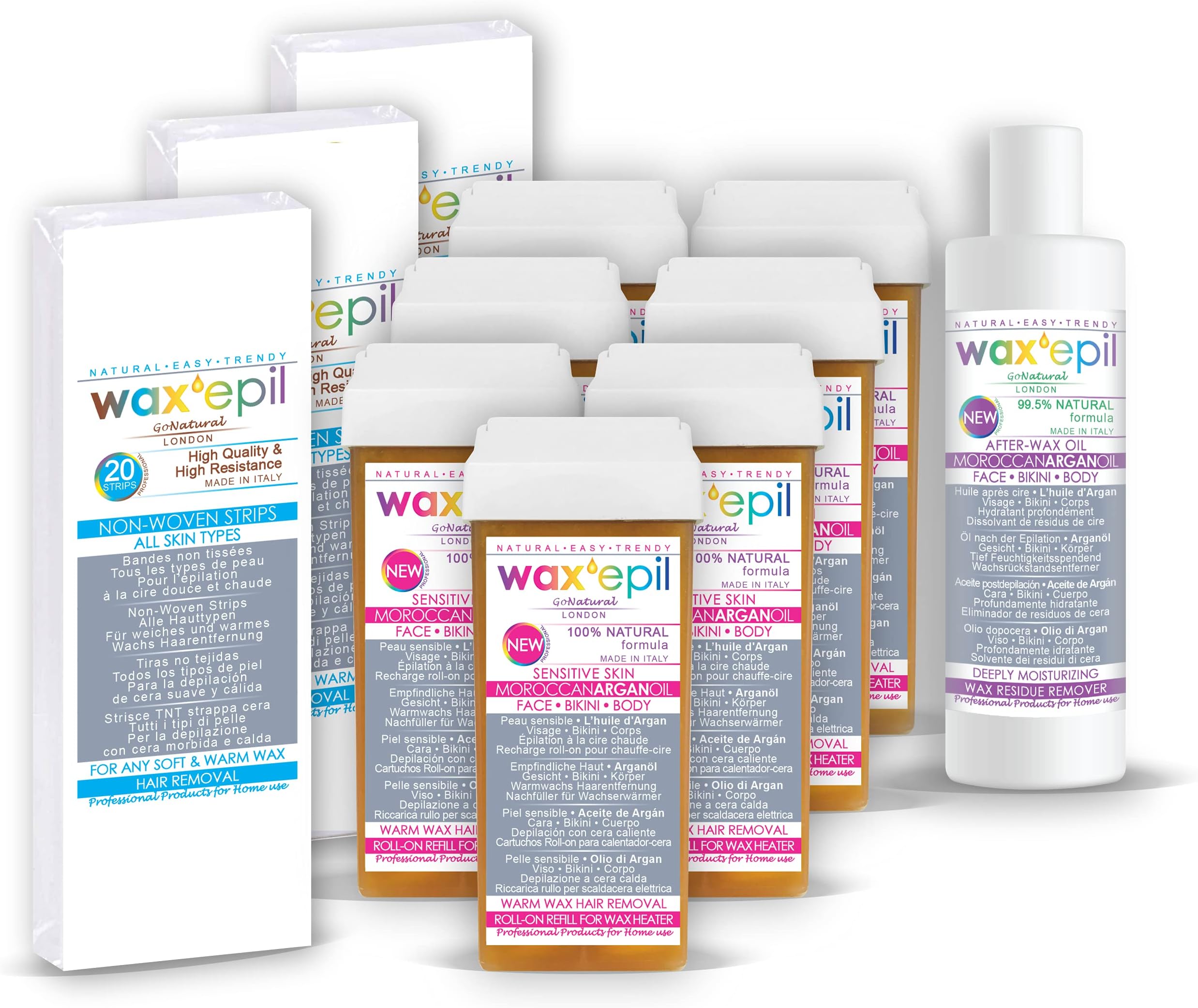 New! WAXEPIL”100% NATURAL” Wax Roll on Refill KIT 7*MOROCCAN ARGAN OIL* SENSITIVE DRY SKIN Waxing Roller Cartridge Hair Removal – 6 Roll-on + 60 Strips + After-Wax Oil 150ml GIFT
