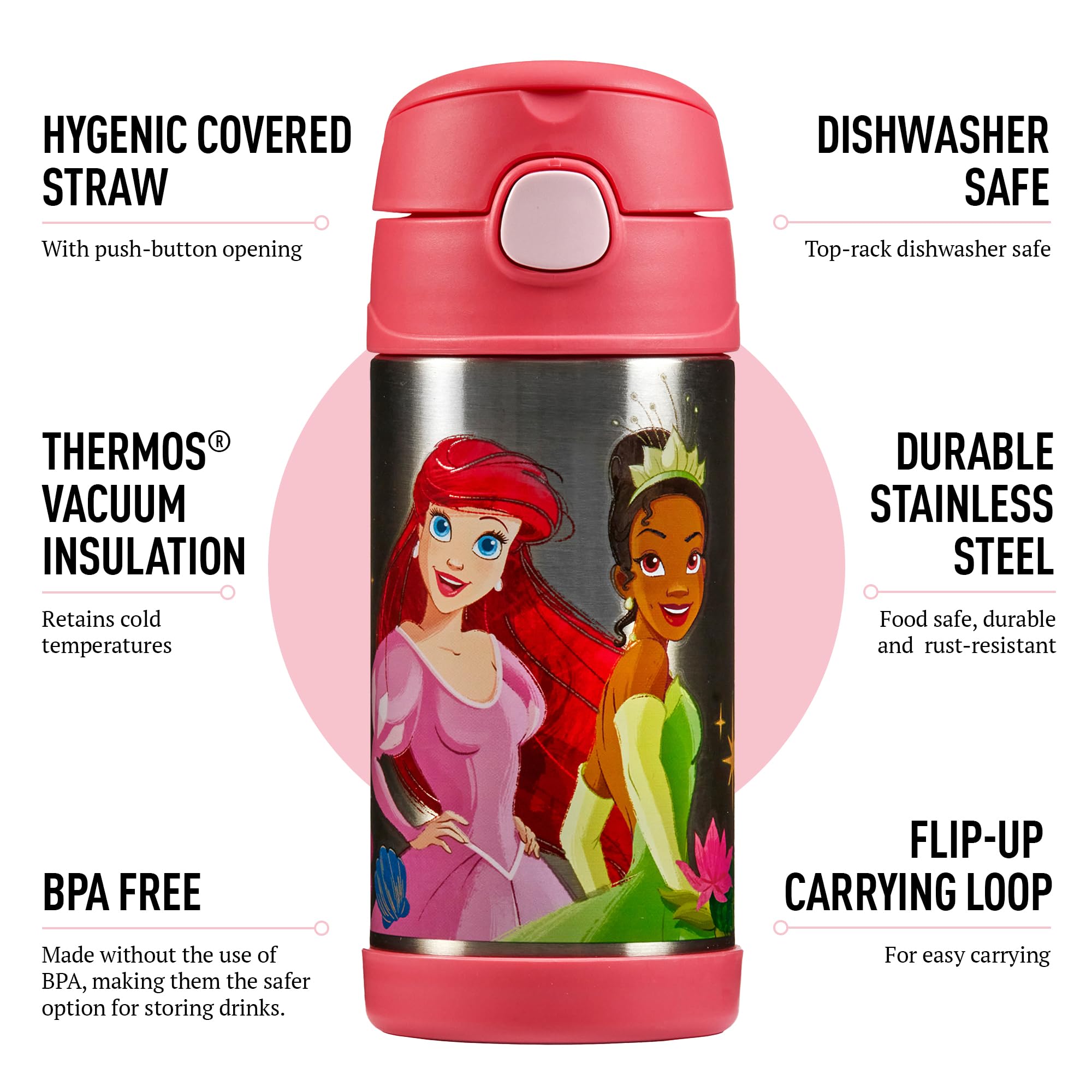 Thermos, Disney Princesses Water Bottle (355ml), BPA Free, Stainless Steel, Spill Proof, Pop-Up Straw - Image 2