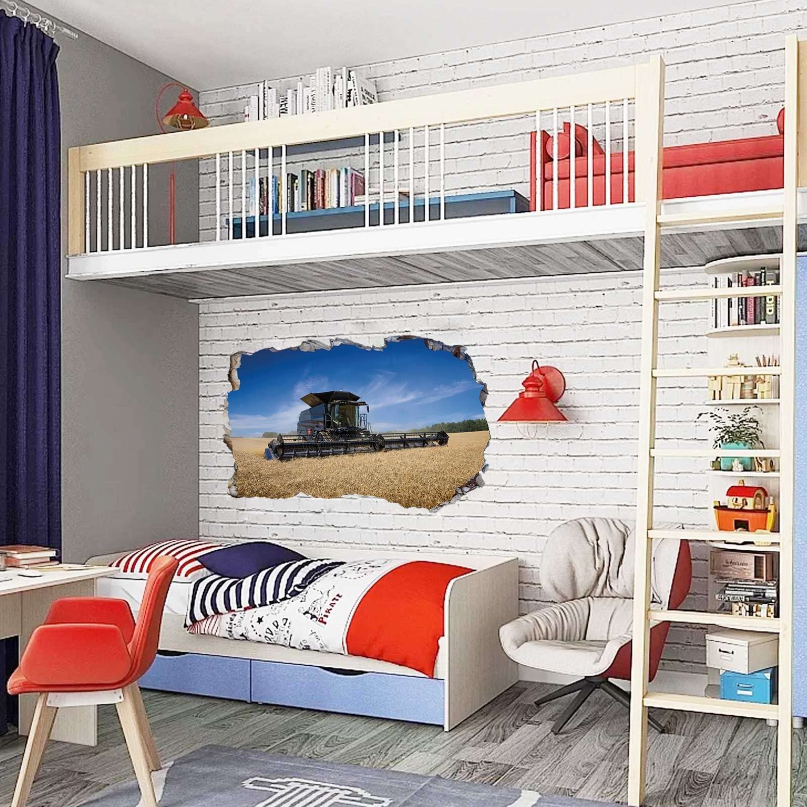 Sticker Mural Tracteur 3D Fenêtre XXL 580x1000mm - Autocollant Vinyle Agriculture Chambre Enfant Garçon
