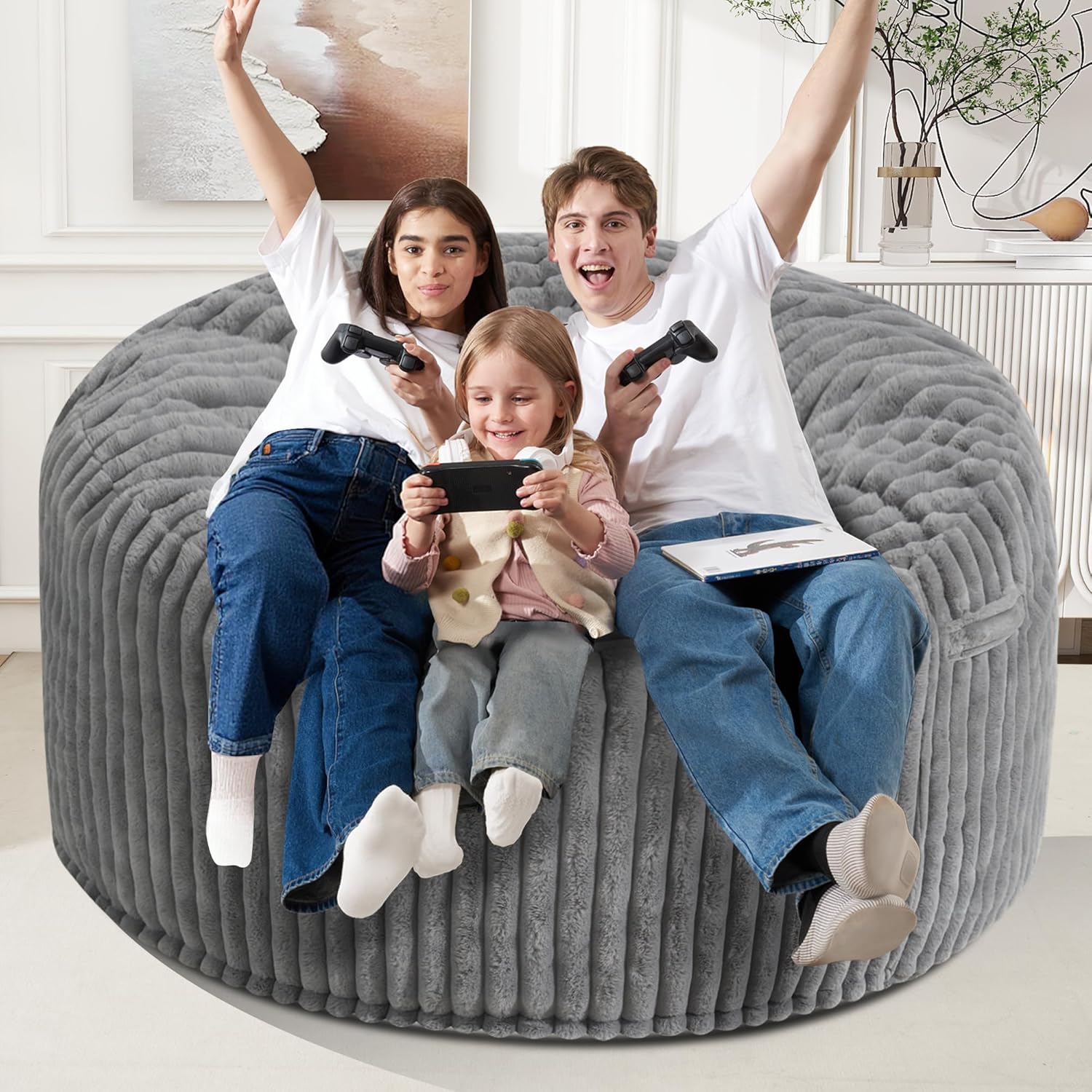 Homguava 6 FT Bean Bag Chair,6' Big Bean Bag,Giant Bean Bag Chairs for Adults with Memory Foam Filled,Comfy Large Beanbag Chairs Soft Bean Bag Sofa with Dutch Corded Plush Cover-Grey - Image 4