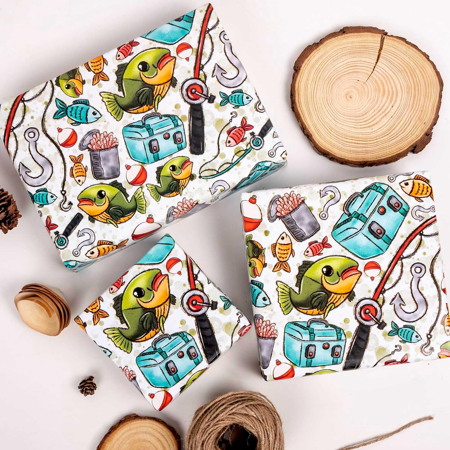 Vnaaem Fishing Wrapping Paper for Men Dad Boys - 6 Pcs Fishing Rod & Lures Design Gift Wrap, Ocean Wrapping Paper For Father's Day Birthday Holiday Baby Shower Party - 19.6 X 27.8 Inch