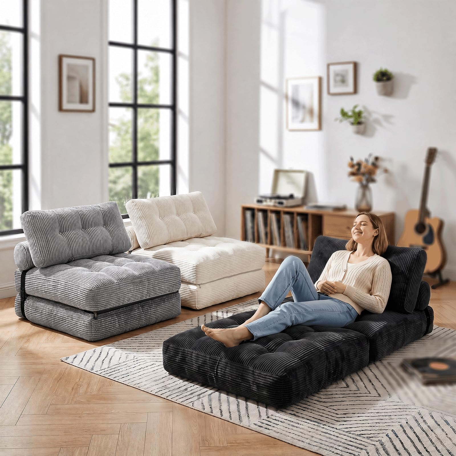Fabulcozy Canapé-Lit 4-en-1 Convertible Pliable - Fauteuil, Fauteuil Convertible Canapé lit 1 Place Idéal Petit Espace, Salon ou Chambre(Noir)