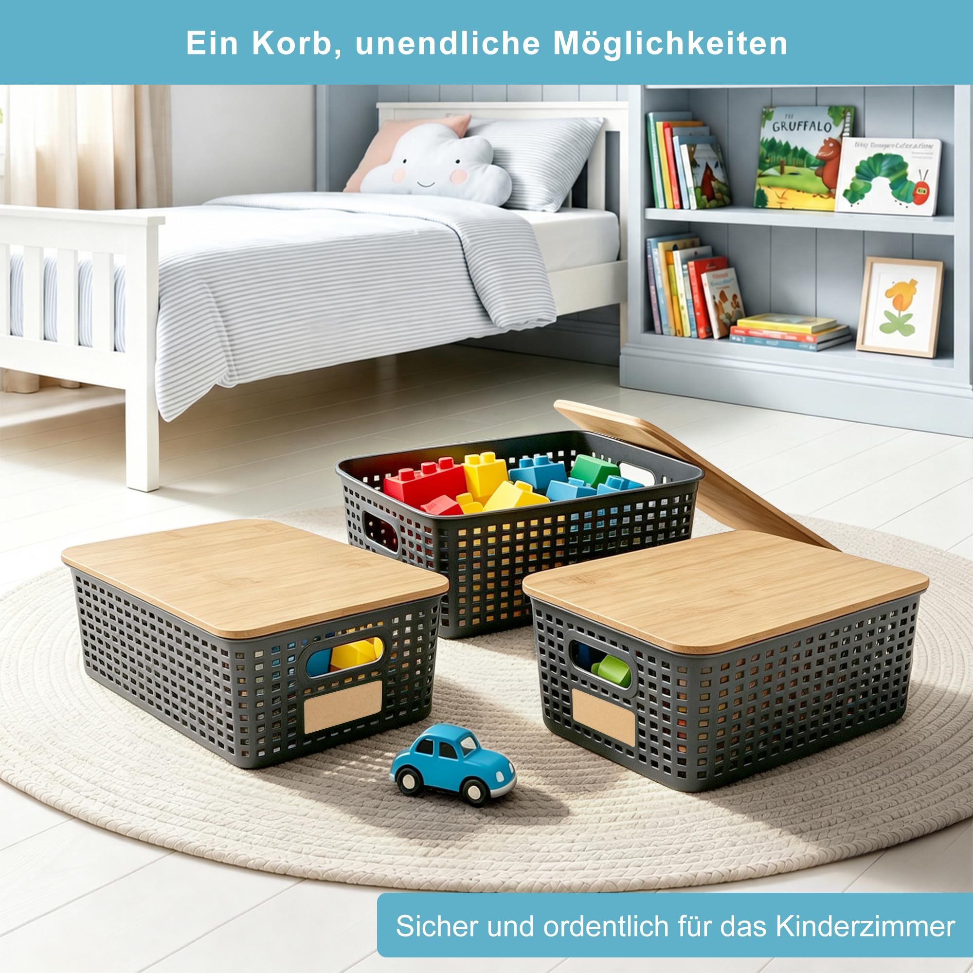 Bagnizer Contenitori portaoggetti in plastica con coperchi in bambù, impilabili, contenitori decorativi per dispensa, graziosi con etichetta per organizzare scrivania, armadio, ufficio, grigio, da 6