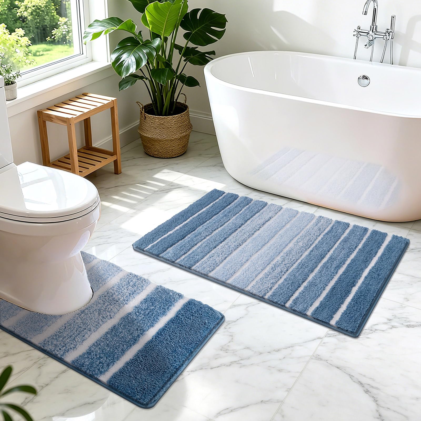 SHACOS Non-Slip Bath Mats, Sets 2 Piece Absorbent Washable Extra Soft Microfiber Bathroom Rug for Bathroom, 50x80 + 50x50 cm, Blue