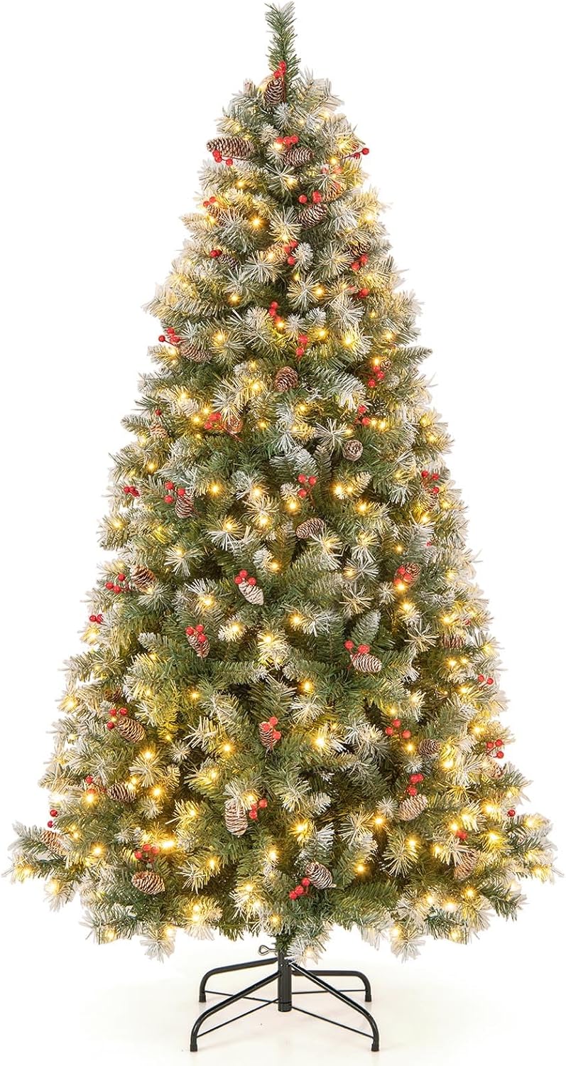 Goplus 7.5ft Pre-Lit Artificial Christmas Tree, with 560 Warm-White LED Lights, 8 Lighting Modes, 1368 Branch Tips, Red Berries and Pinecones, Hinged Xmas Tree for Office Home Decor