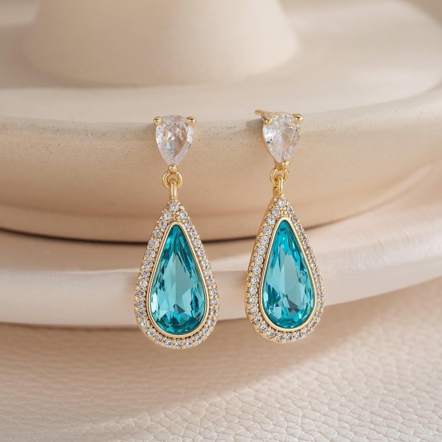 EVEVIC Austrian Crystal Halo Teardrop Dangle Drop Earrings for Women 14K Gold Plated Jewelry Gifts - Image 4