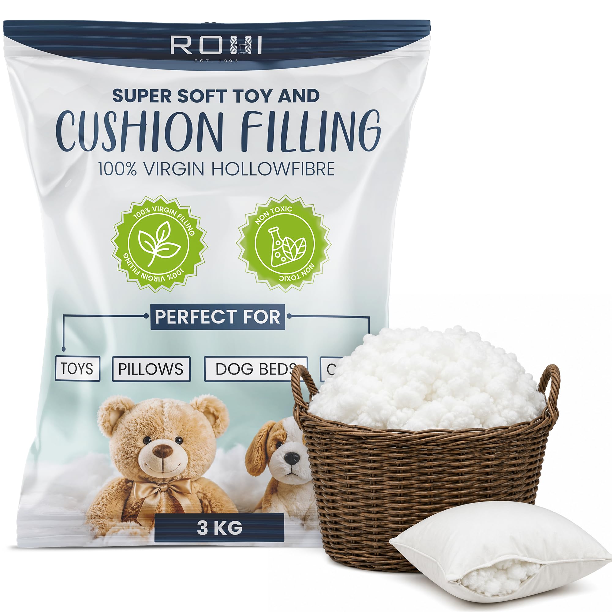 Rohi 3Kg Toy Stuffing For Knitted Toys | 100% Virgin Hollowfibre | Fluffy Soft Teddy Stuffing For Crafts, Crochet, Cushions & Pillow Stuffing | Hypoallergenic & Breathable Cushion Filler