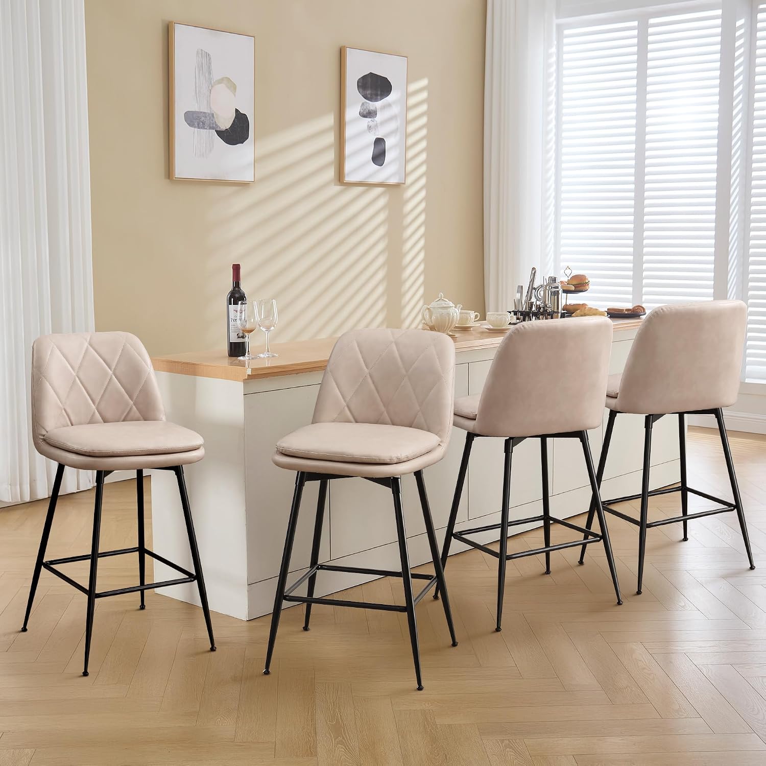 Dorlicecass Swivel Counter Height Bar Stools -Upholstered Faux Leather Barstools with Back, Modern Counter Stool with Metal Base, Footrest(Cream Beige, 26" Set of 4)