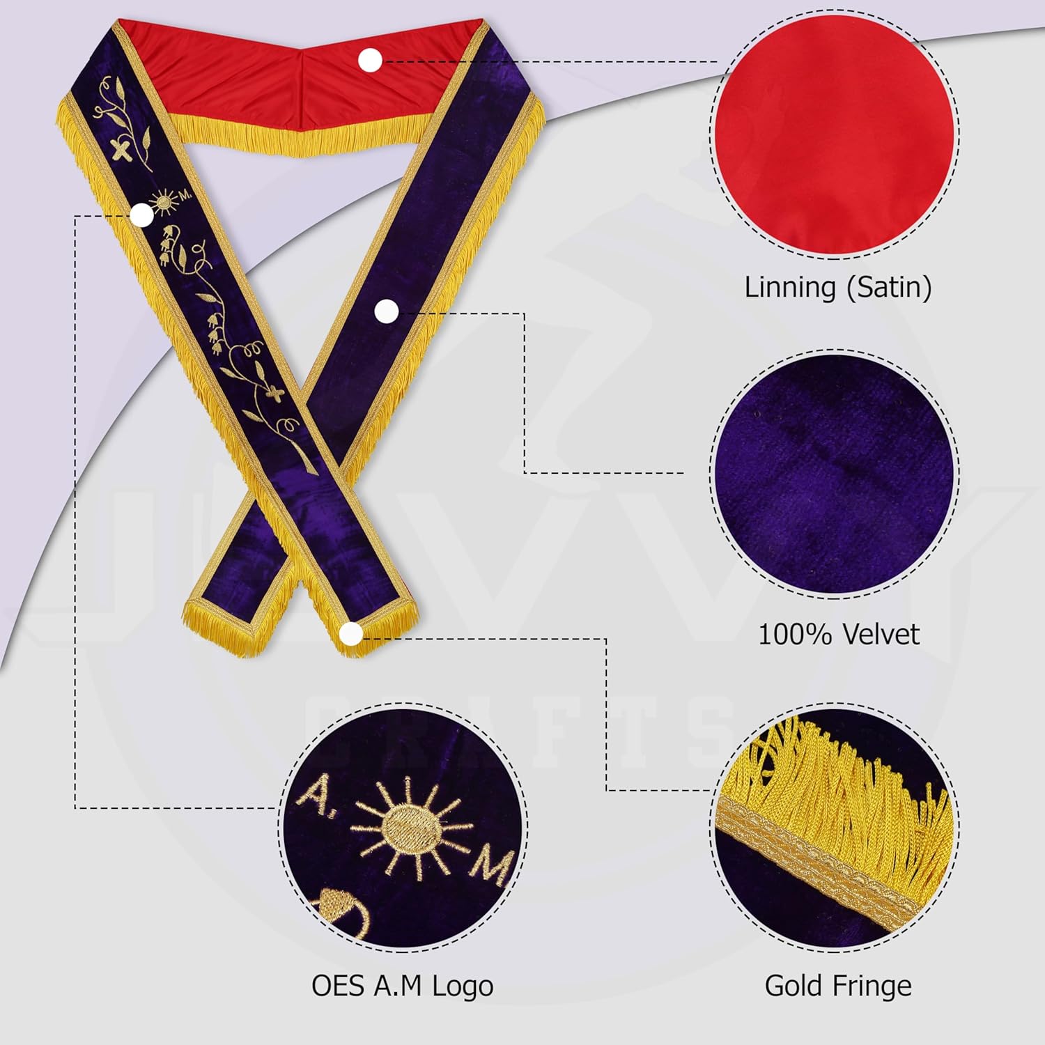 Masonic OES Associate Matron Sash with Cotton Gloves & Free Embroidered Leather Sash Case - Order of the Eastern Star AM Purple Velvet Sash with Gold Fringe