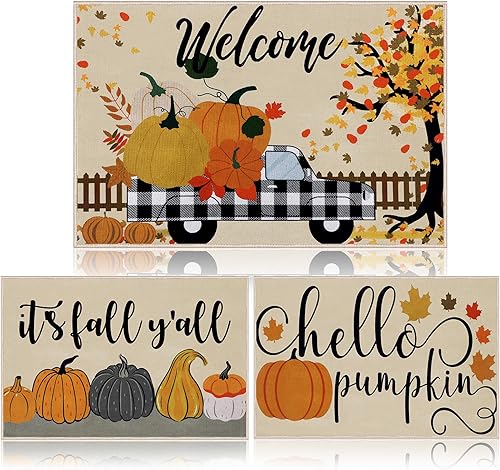 Timgle 3 tapetes de otoño para puerta de cocina de 16 x 24 pulgadas, alfombra de camión de calabaza de Acción de Gracias para el hogar, cocina,