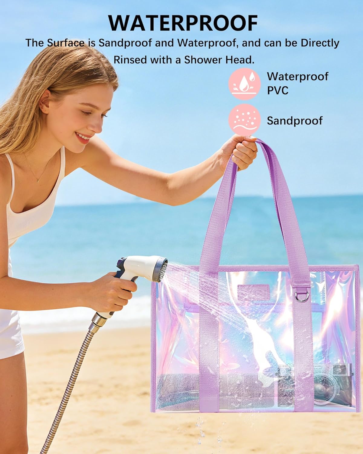 Iridescent Beach Bags for Women, Large Jelly Tote Bag with Phone Pouch & Makeup Bag - Waterproof Beach Tote Bag