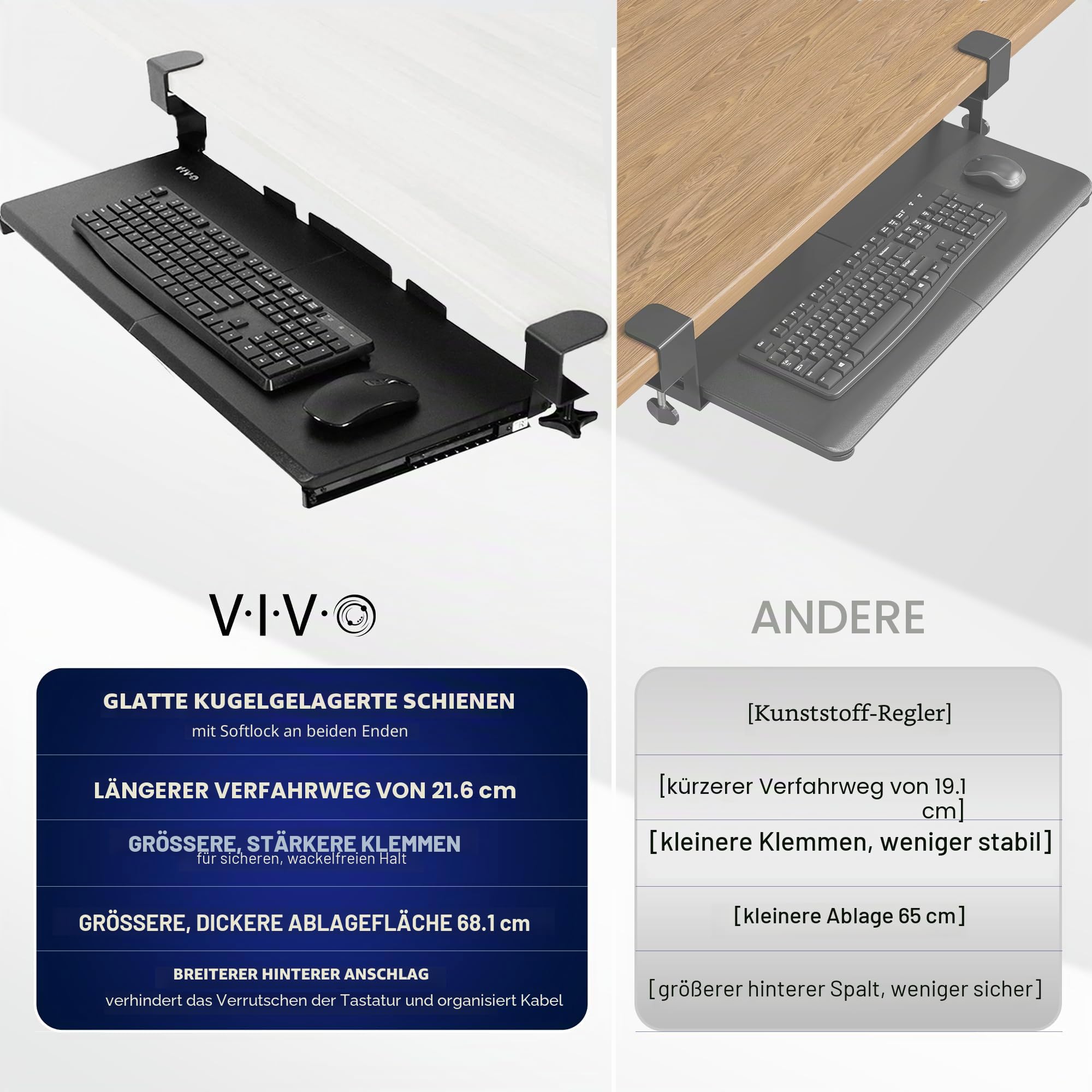 VIVO Große Klemmbare Computer Tastatur- und Mausablage zur Montage unter dem Schreibtisch, 69cm x 28cm Ausziehbare Plattform Schublade, Schwarz, MOUNT-KB05E