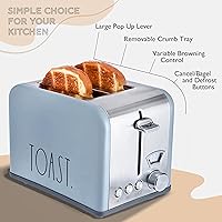 Vista 3 de Rae Dunn Tostadora, tostadora cuadrada de 2 rebanadas de acero inoxidable, ranura ancha con 5 niveles de bronceado, con opciones de bagel, Azul bebé