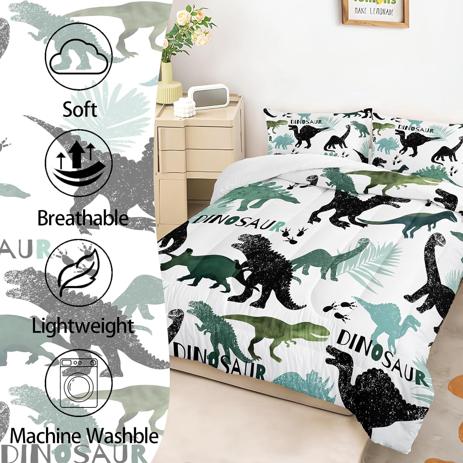 AILONEN Dinosaur Twin Kids Bedding Set,Black and Green Dinosaur Comforter Set All Season,Tropic Leaves and Roaring Dinosaur Silhouette Printed Soft Comforter with 2 Pillowcases for Boys - Image 3