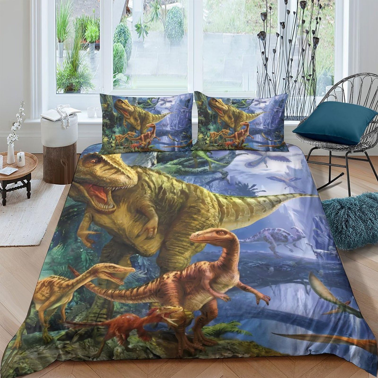 GPLZQXKJNH 3D Printed Dinosaur Jungle Duvet Cover Microfiber Soft Breathable Prehistoric Bedding Set with 2 Pillowcases for Bedroom Decor Single（135x200cm）