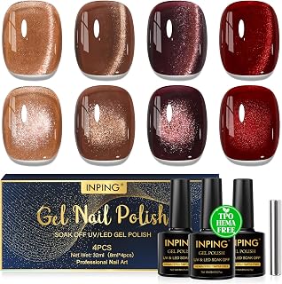 INPING Cat Eye Varnish Semi Permanent TPO-FREE Brown Brown 4 Colours 10ml | Brown Brown Red Sequins Cat Eye Gel with Magnetic Stick Soak Off UV/LED Nail Polish for DIY Nail Art Living Room