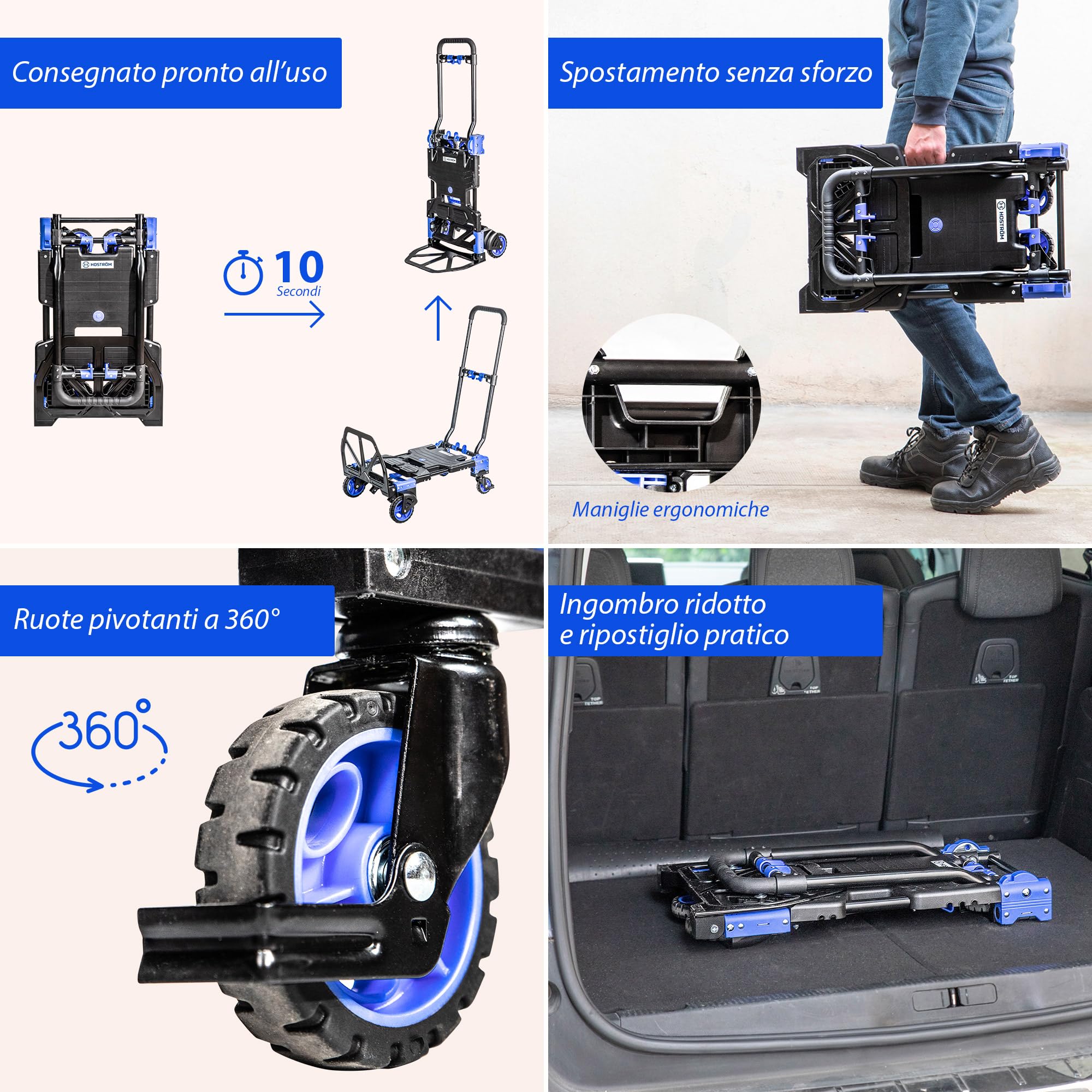 HOSTRÖM Carrello 2 in 1, carrello mobile e carrello pieghevole max 136 kg, ideale per spostare max 68 kg, ruote girevoli a 360°, garanzia di 5 anni.