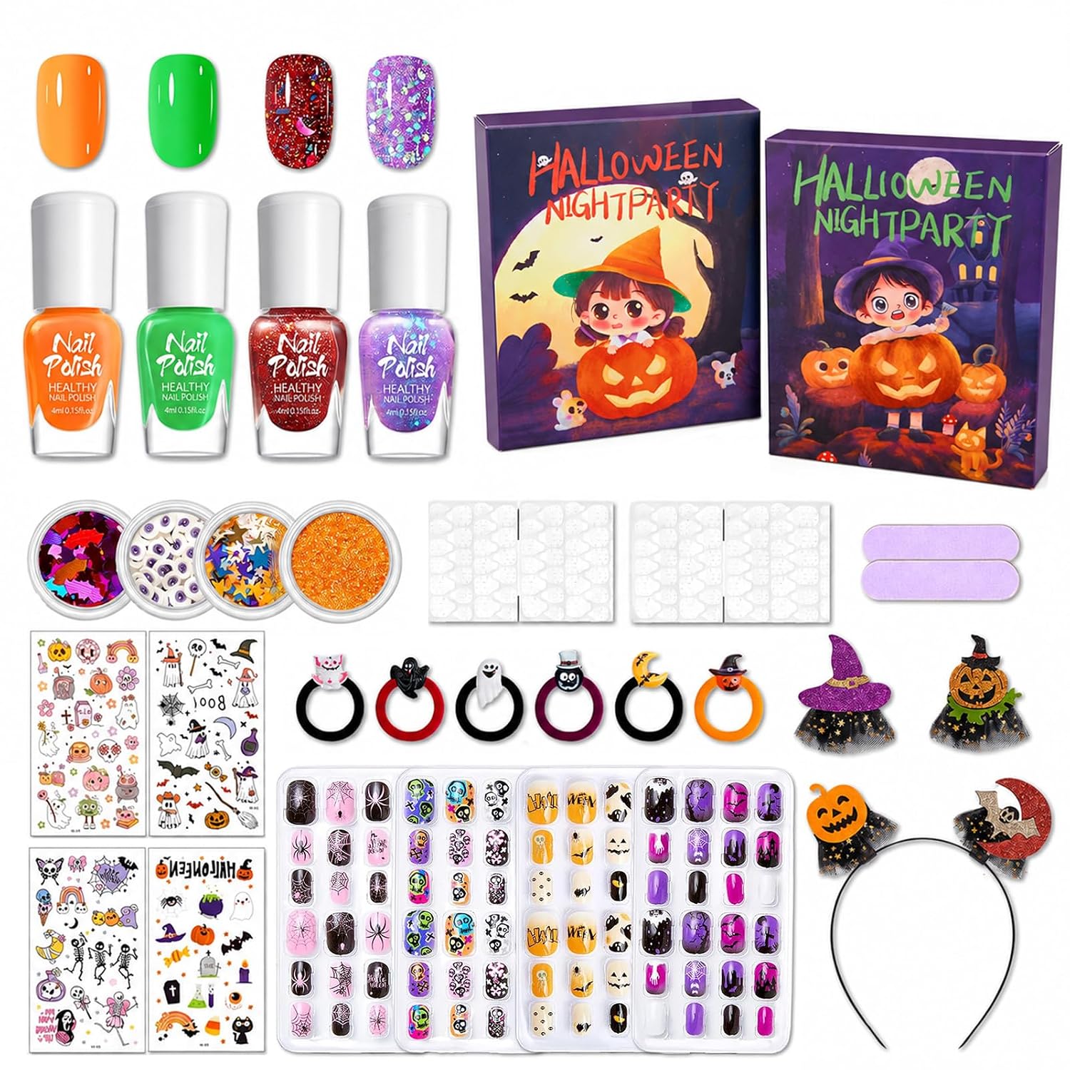 Halloween Kids Nail Polish Set for Girls, Quick Dry Nail Art Kit with Peelable Polish, Press on Nails, Nail Glitter, Temporary Tattoos for Halloween and Headband