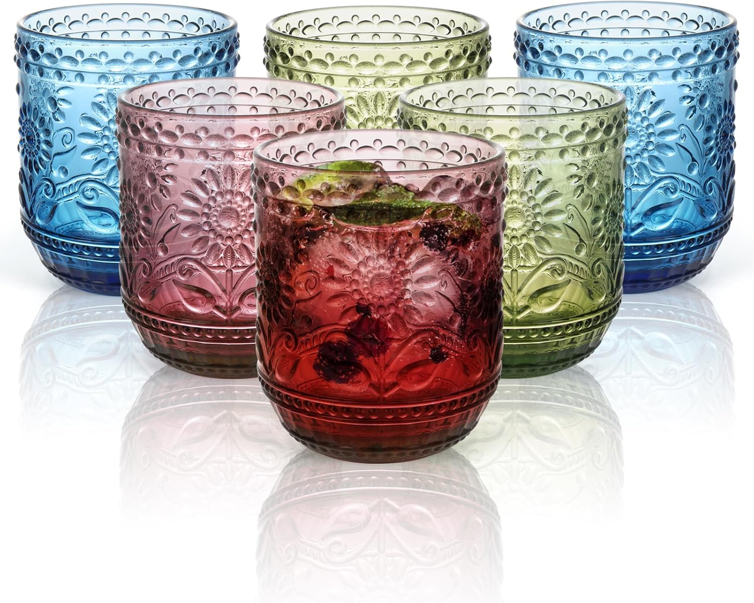 Vintage Drinking Glasses Set of 6, 12 oz Embossed Sunflower Colored Glassware Green Glass Cups for Cocktail, Wine, Juice, Whiskey, Milk, Heavy Duty