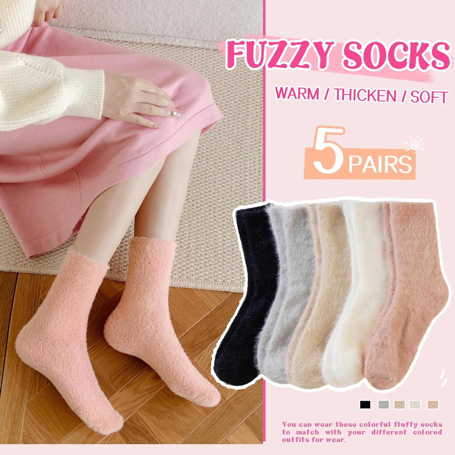 SeeyAN Fuzzy Socks For Women Fluffy Slipper Thick Cozy Ruffle Winter Home Sleeping Warm Thermal Comfy Socks 5 Pairs - Image 4