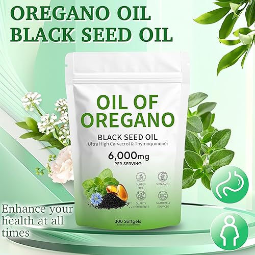 Miniatura 3 de Aceite de cápsulas blandas de orégano, 2 en 1 formulado con aceite de semilla negra, Carvacrol de fuerza 4X, a base de plantas, sin OMG, 300 unidades