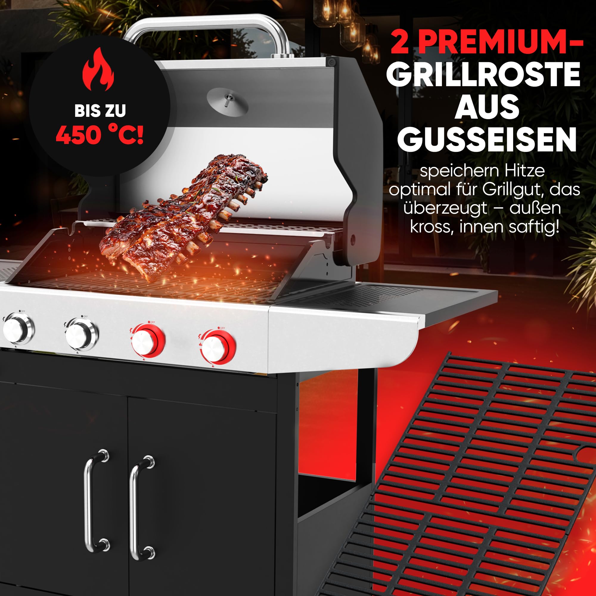 ProfiCook® Gas-grill für Temperaturen bis zu 450°C | 2 Power-Zonen | Roste aus echtem Gusseisen | Gasgrill 4 Brenner | Temperaturanzeige | Flaschenöffner | 4 Brenner | Gasgrill Balkon | PC GG 1311