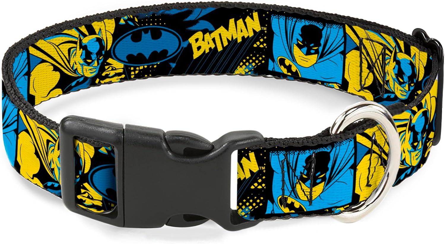 DC Comics Pet Collar, Dog Collar Plastic Buckle, Batman Poses and Logo Collage Black Blue Yellow, 13 to 17 Inches 1.5 Inch Wide