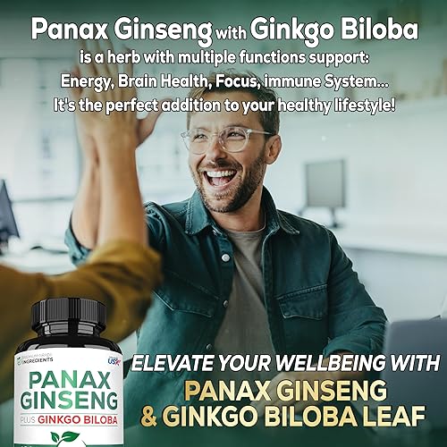 Miniatura 6 de Suplemento de 1000 mg de Panax Ginseng y Ginkgo Biloba rojo coreano, 60 cápsulas veganas, sin gluten, sin OMG, producción de energía, salud