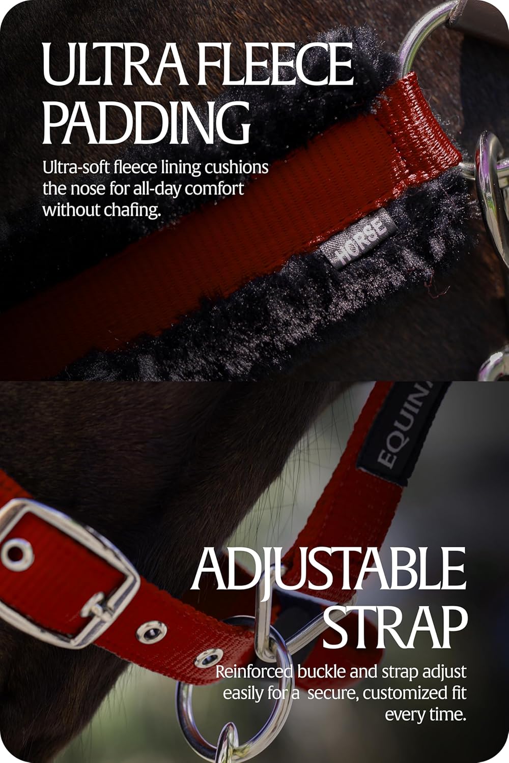 Equinavia Valkyrie Ultra Fleece Breakaway Horse Halter | Padded Fleece Adjustable Safety Halter with Nylon Webbing - Wine Red/Black - Horse