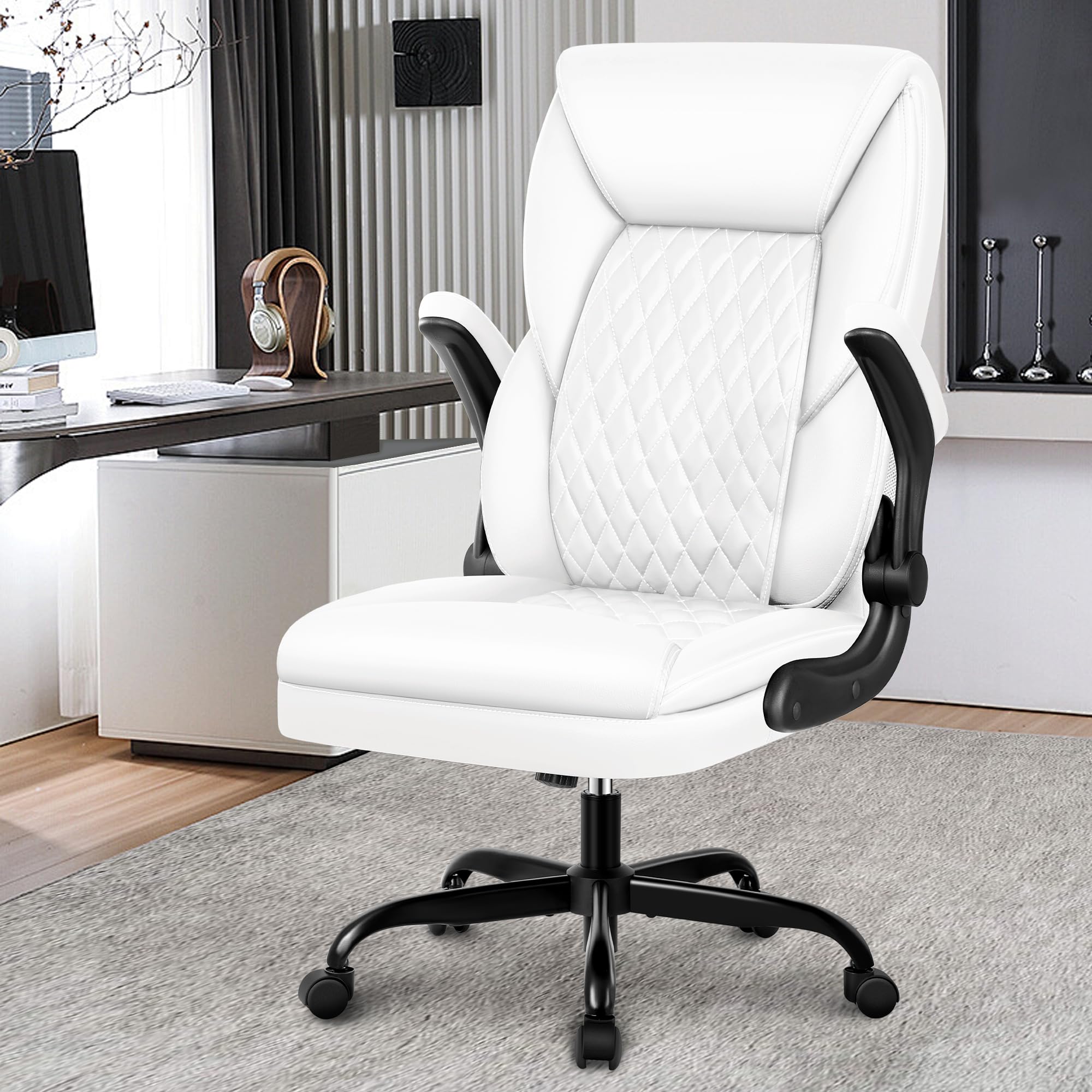 Executive Office Chair, Big and Tall Leather Ergonomic Office Chair, High Back Home Office Desk Chairs with Flip-Up Arms (White)
