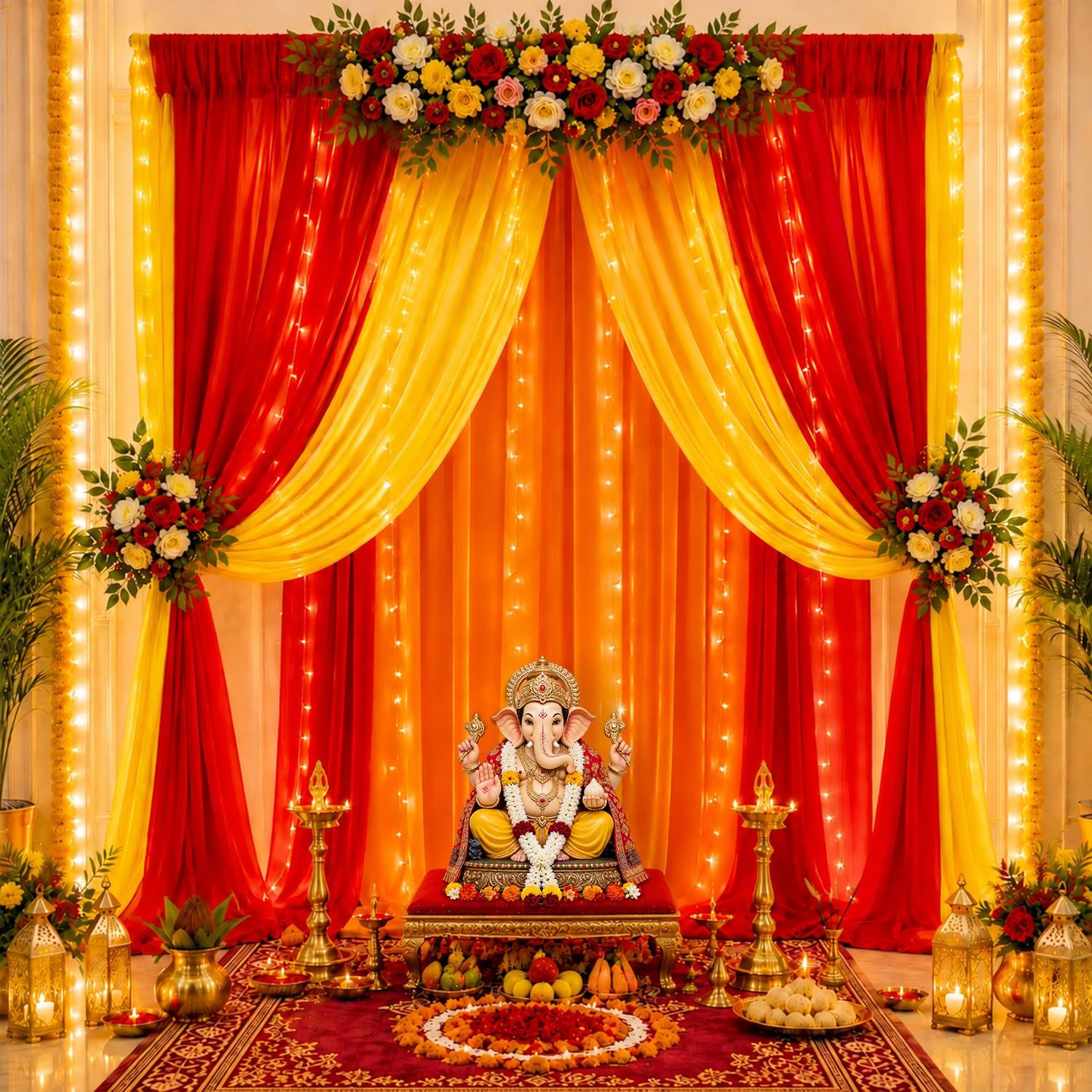 Party Propz Ganpati Decoration Setup for Home, Puja Backdrop Decorations with Fairy Lights, Janmashtami, Varalakshmi, Haldi, Backdrop Cloth for Decoration Pooja (Satin Net Mix Curtain)-image-37