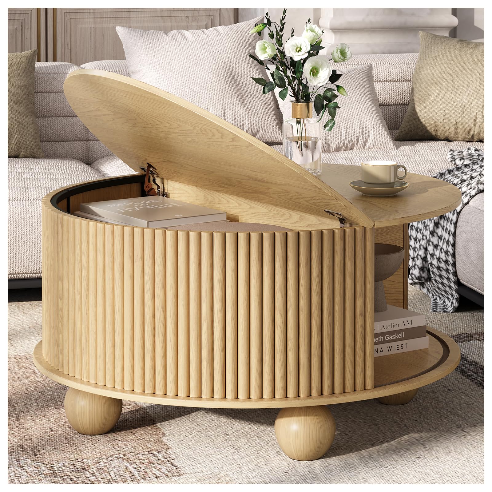 SULIVES Round Coffee Table with Storage Unique Circle Drum Table with Sliding Door Fluted Accent Center Table with