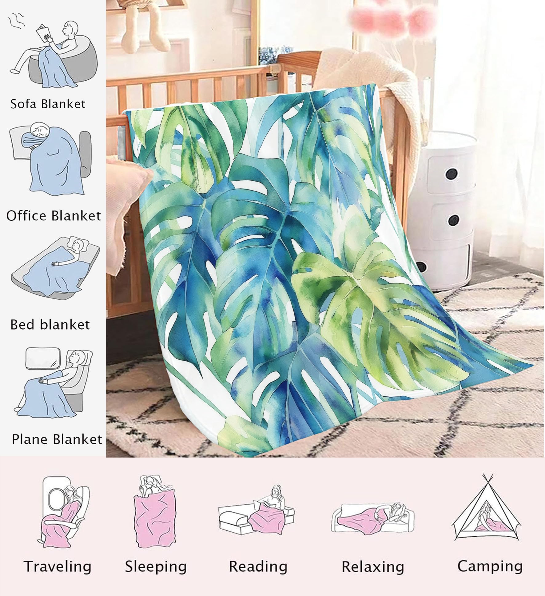 Manta Acuarela Plantas Tropicales Franela Suave 220x240 cm - Manta Verde Polar Caliente Estampado Jungla Hojas De Monstera, para niñas niños Adultos Mantas de sofá de Viaje