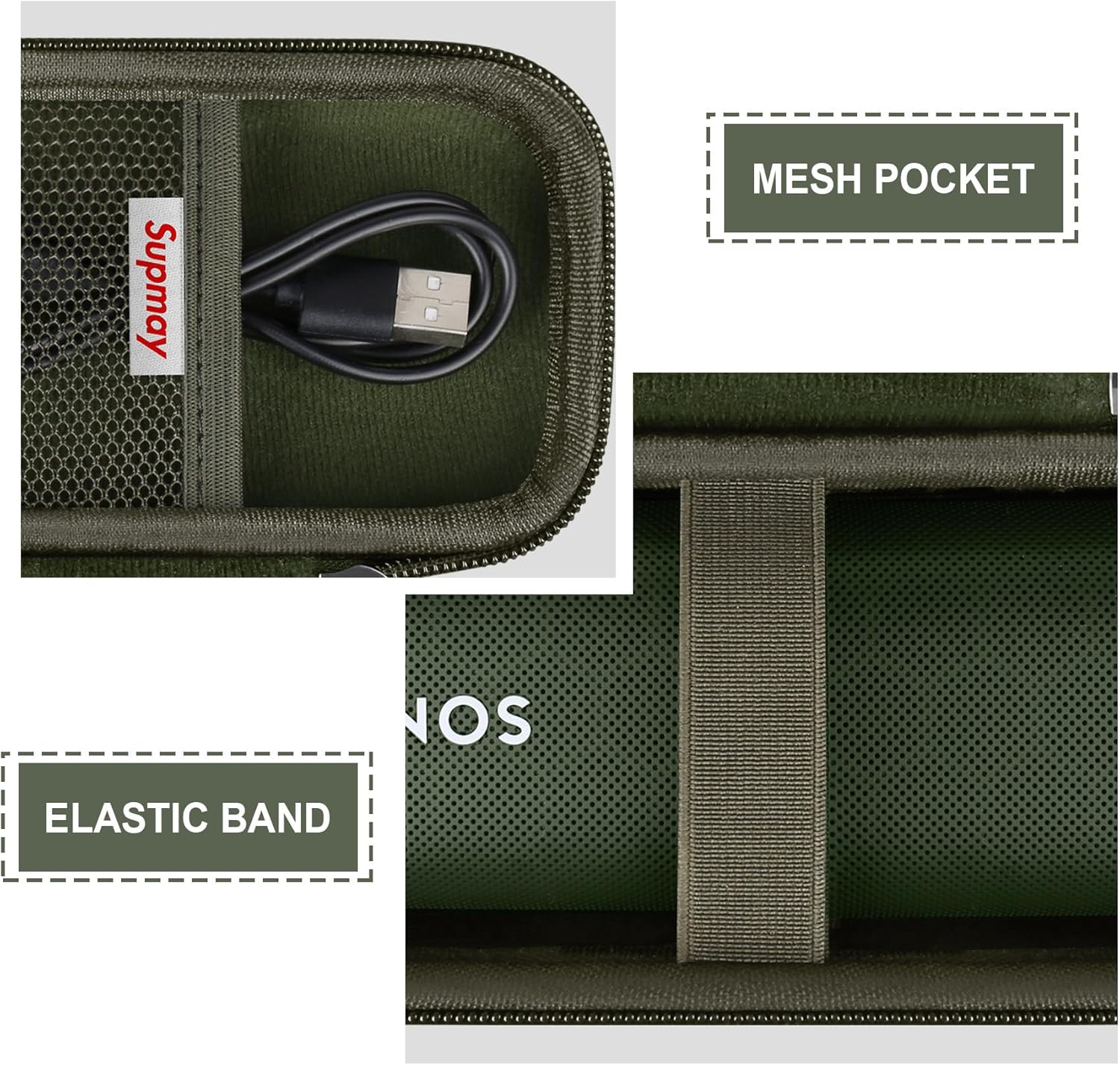 Hard Carrying Case for Sonos Roam 2/ Sonos Roam Portable Waterproof Bluetooth Speaker, Wireless Portable Speaker Protection Case with Mesh Pocket for USB-C Cable, Green - Image 4