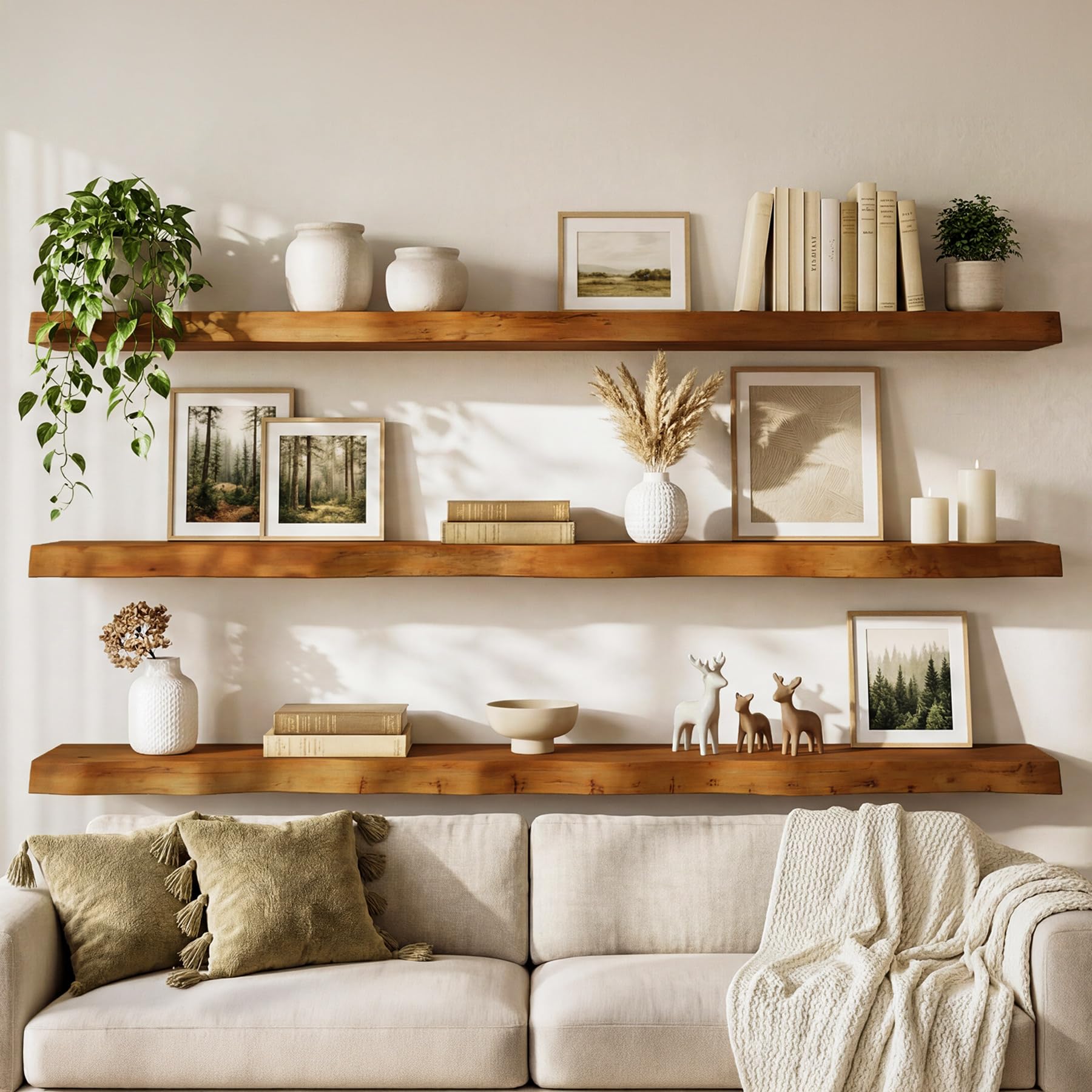 Estantes de Pared flotantes de Madera Maciza (120 cm, Juego de 3): estantes flotantes para Especias, Cocina y baño, Aptos para salón, Dormitorio, Cocina y baño