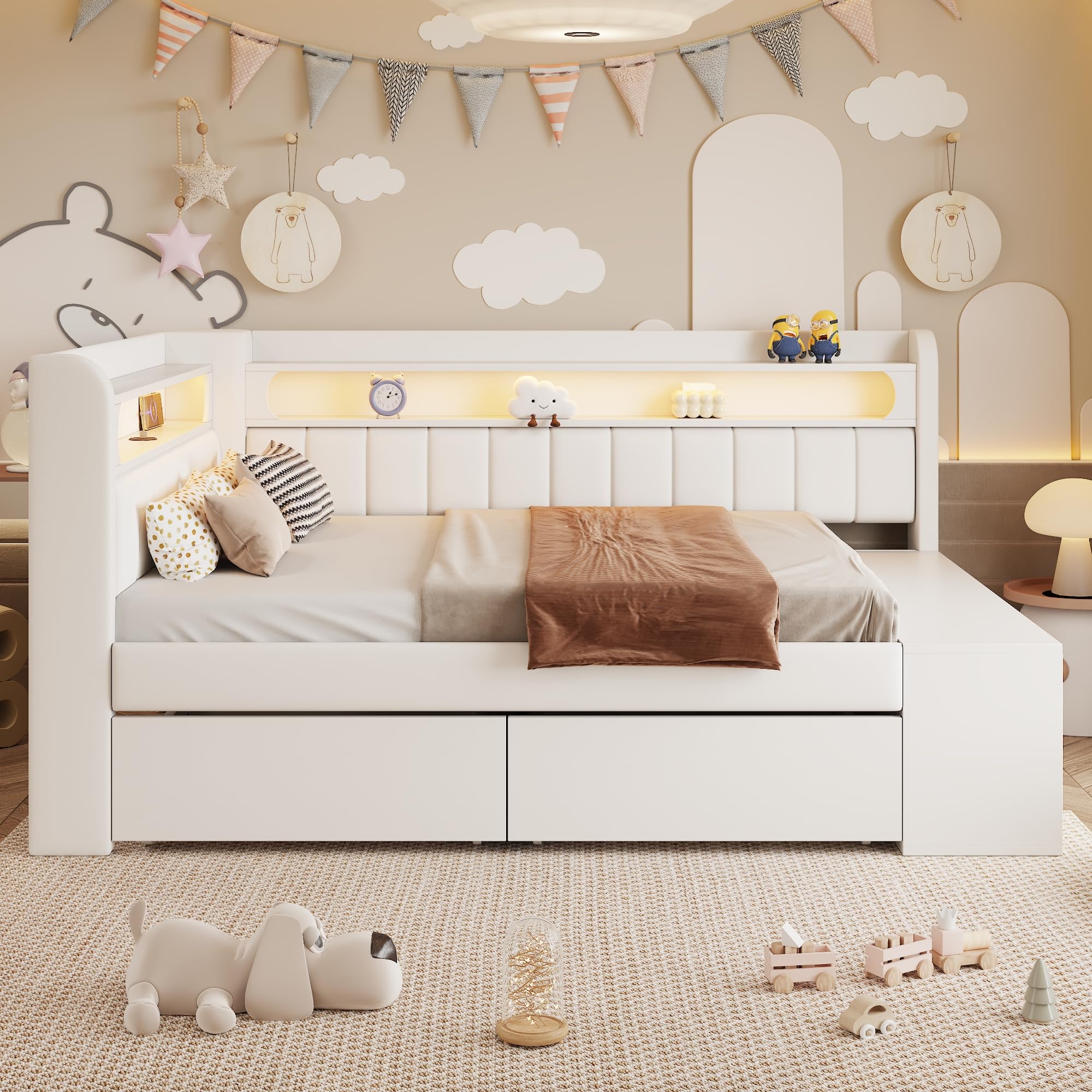 Moimhear Divano letto imbottito con porta USB e striscia luminosa a LED, con scarpiera e due cassetti, 90 x 200 cm (bianco)