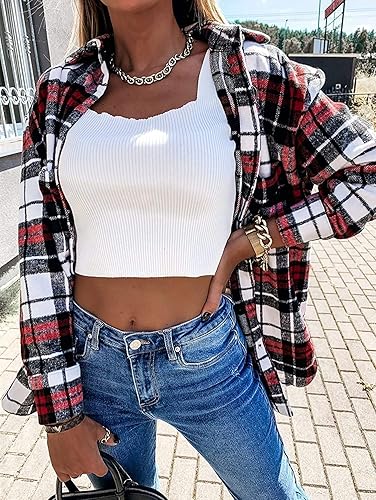 Miniatura 3 de Camisa de franela a cuadros para mujer, de manga larga, informal, longitud intermedia, con botones y bolsillos