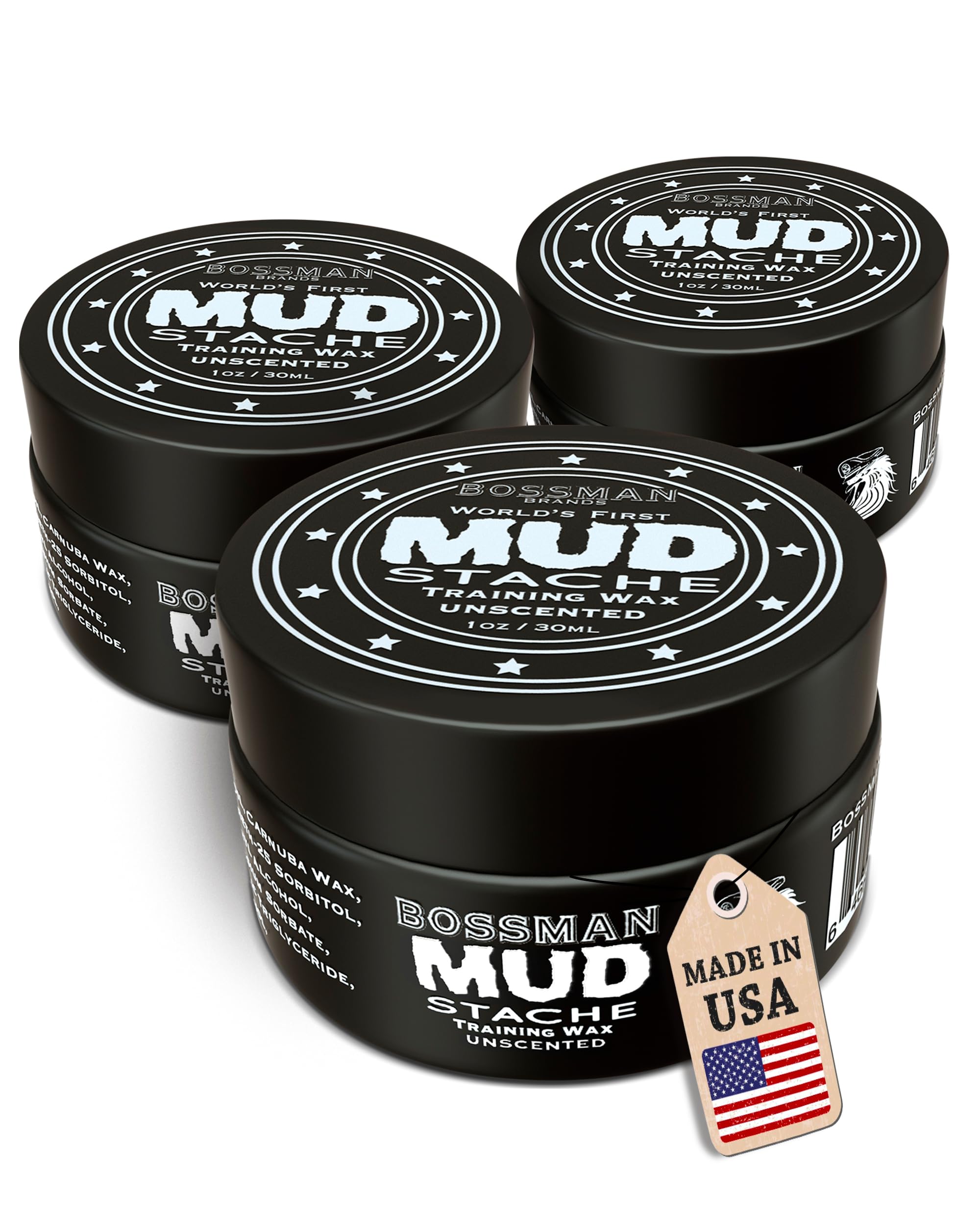 Bossman MUDstache Unscented Mustache Wax for Men (3 oz) - 3 Pack - Strong 24-Hour Hold, Non-Tacky & Easy to Apply for Taming & Styling