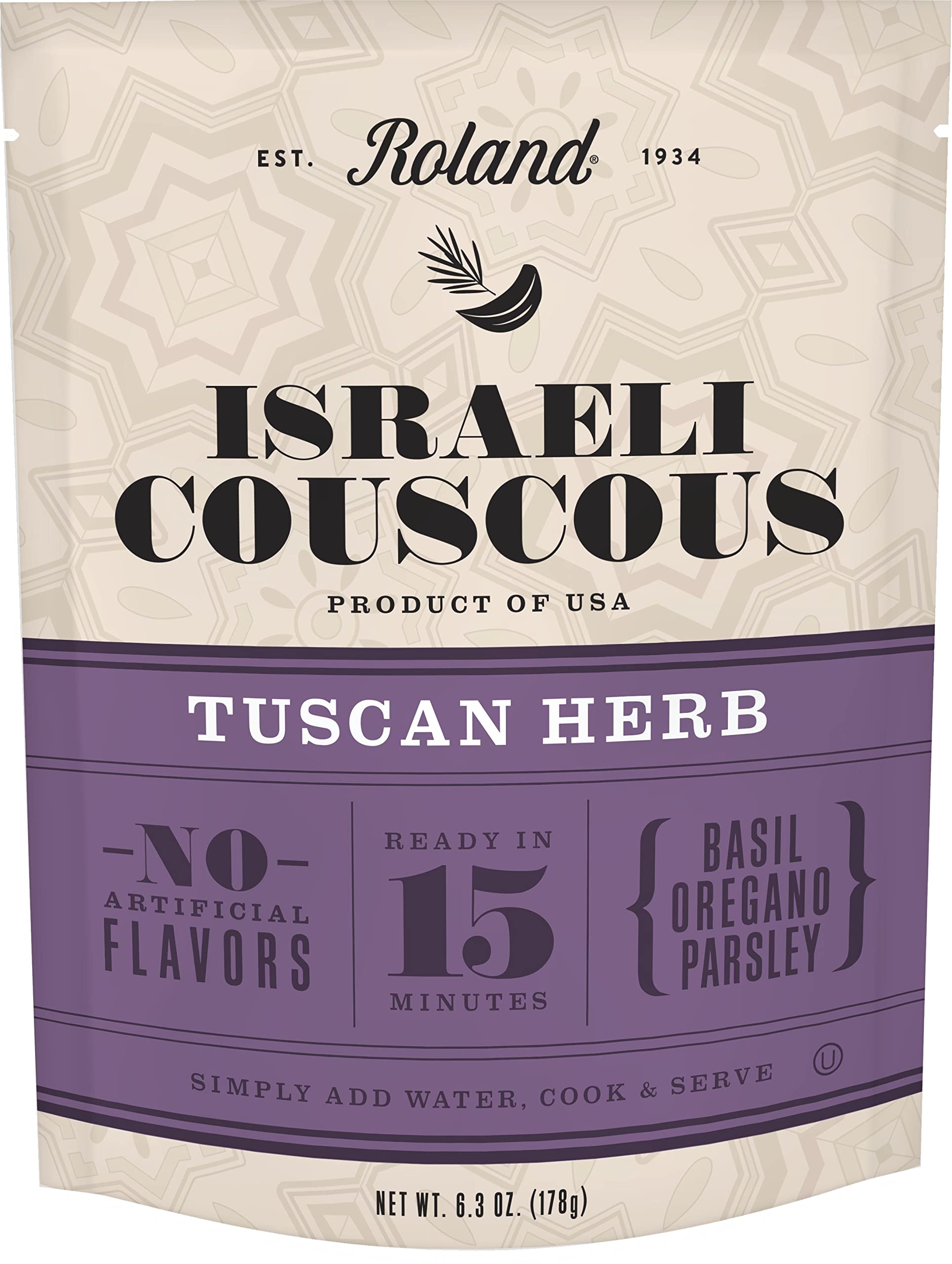 Roland Foods Tuscan Herb Israeli Couscous, Sourced in the USA, 6.3-Ounce Pouch