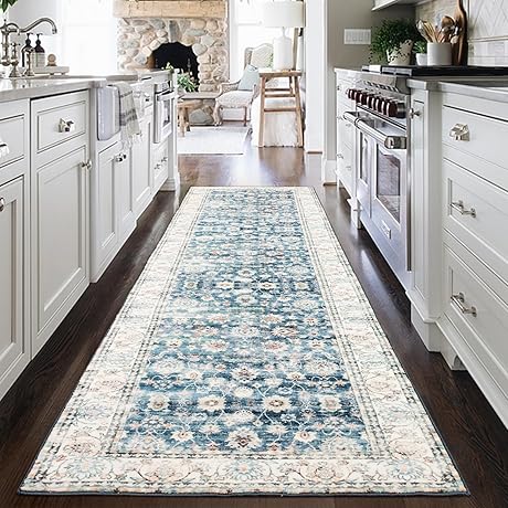 2x8 FT Machine Washable Runner Rug, Faux Wool Floral Azure Runner Rug for Entryway