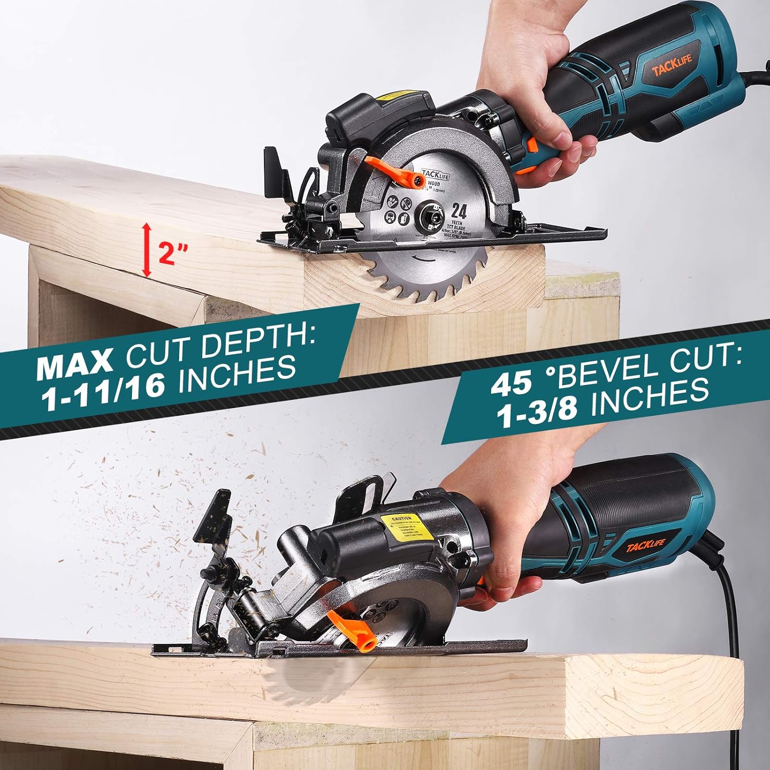 Image showing the maximum cut depth at 90 degrees (1-11/16 inches) and 45 degrees bevel cut (1-3/8 inches) on the circular saw.