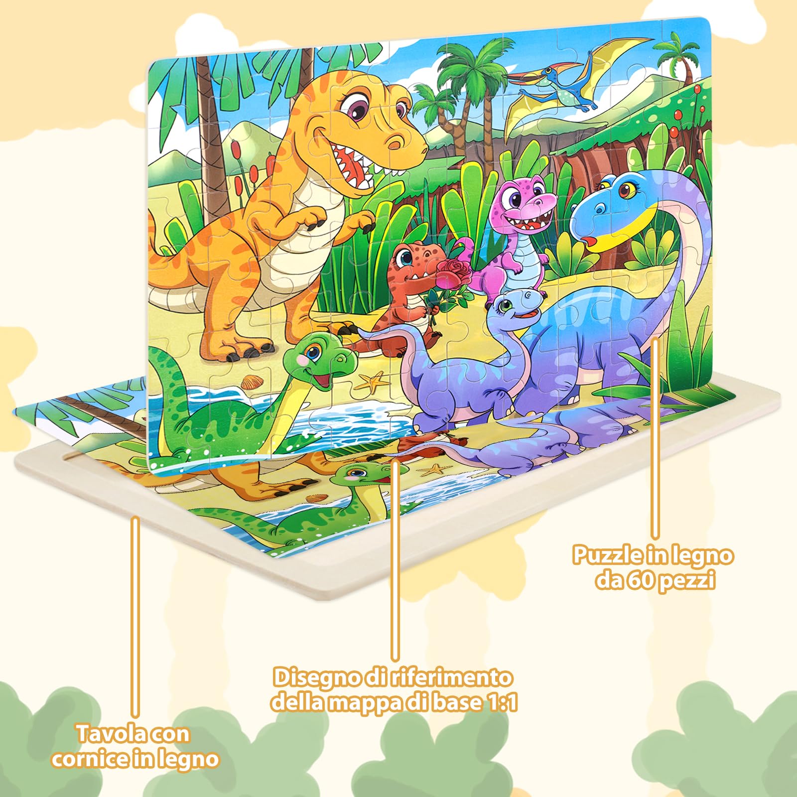 Puzzle legno per bambini 3-7, per bambini dai 3-4 anni Giocattolo per attività in dinosauro, Legno didattico regalo per viaggio su strada-4x60 pezzi