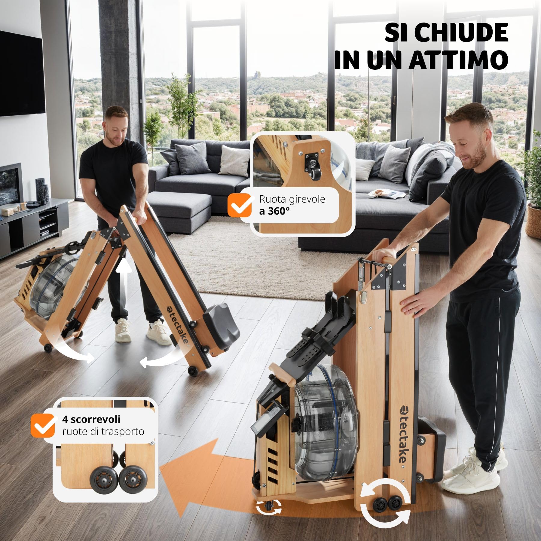 tectake® Vogatore in Legno per Allenamento a Casa, Vogatore Salvaspazio per Palestra in Casa, Sedile Ergonomico, con Serbatoio d'Acqua, Display Integrato, Carico Massimo 150 kg - Nero/Marrone