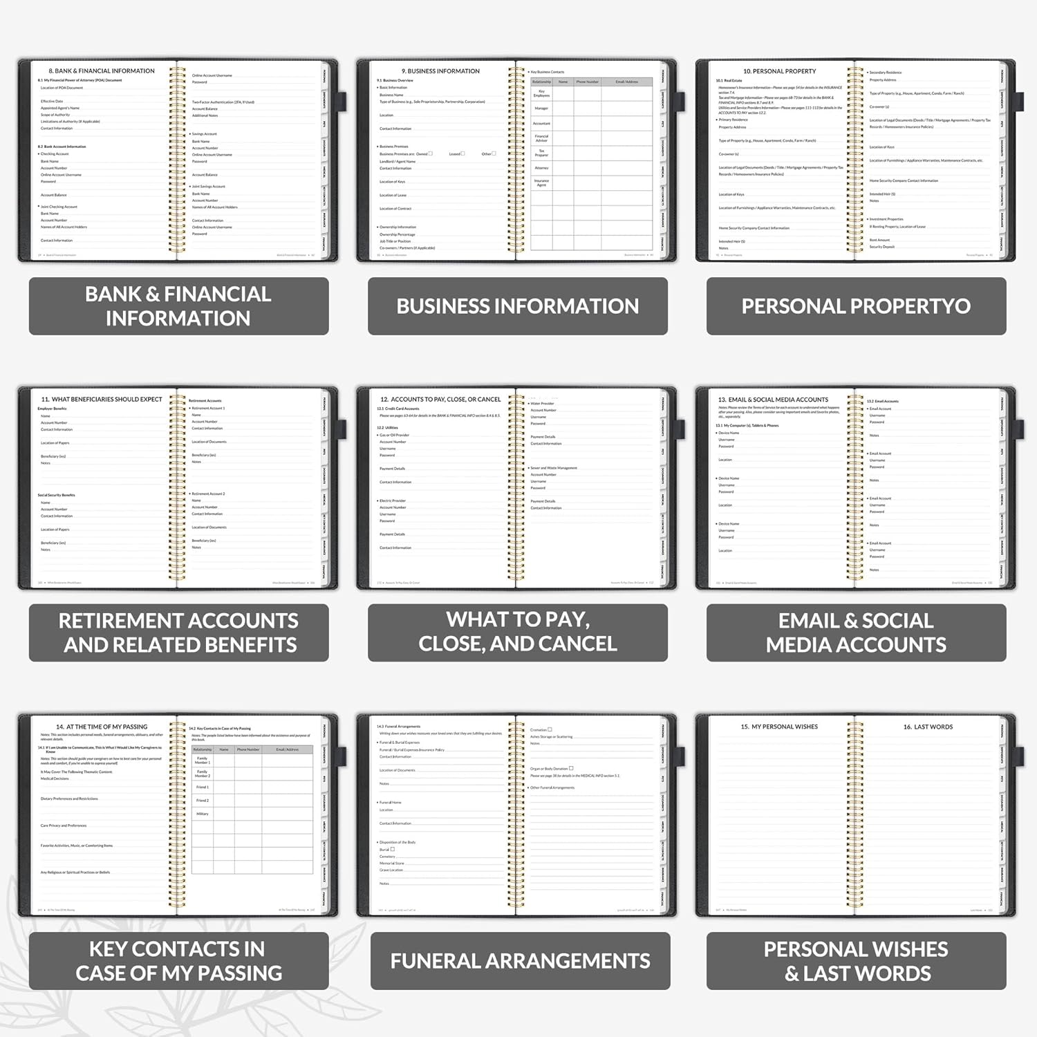 SUNEE End of Life Planner - I‘m Dead Now What Planner, Large Print Spiral-Bound Estate Organizer with Tabs for Seniors & Family. Covers Final Wishes, Passwords & Funeral Planning.A4(9"x11.2"),Black - Image 6