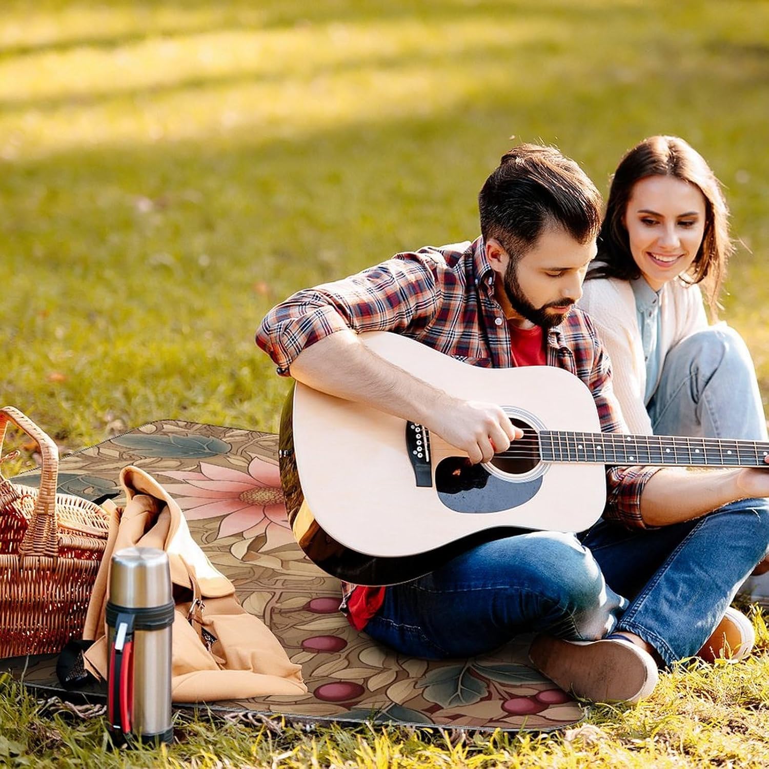 Art Style Flowers Waterproof Picnic Blanket 58.3''x58.3'',Portable and Foldable Picnic Mat with Handle,Outdoor Blankets for Lawn Park Beach Travel