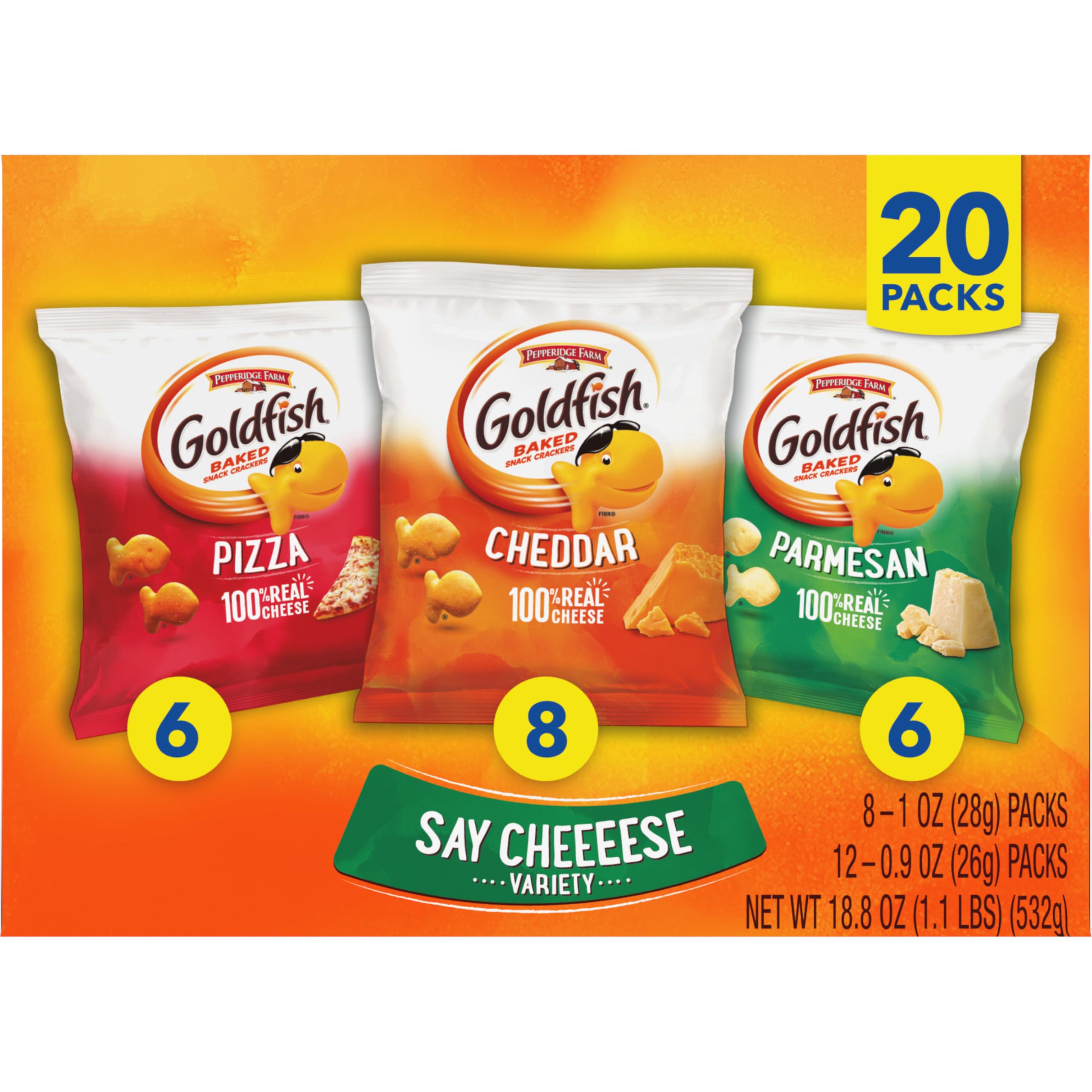 Pepperidge Farm Goldfish Crackers Say Cheeeese variedad con cheddar, pizza y parmesano, 20 paquetes de aperitivos